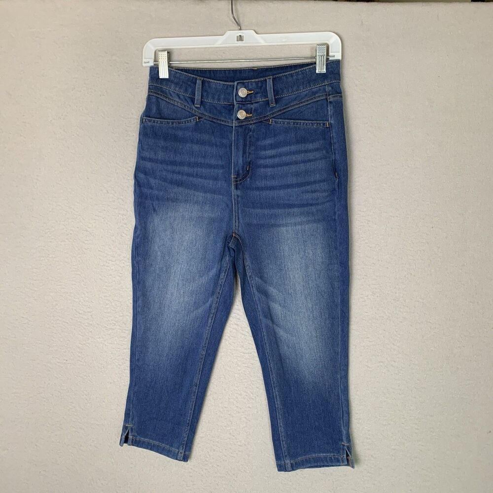 Halara Flex High Waisted Split Capri Denim Leggings Small Blue Stretch Pockets